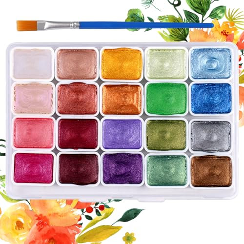 20 Couleurs Peinture Aquarelle Metallique,Aquarelle Set avec Pinceau,Aquarelles Peinture Adulte,Aquarellfarben,Ensemble de Peintures Aquarelles à Paillettes pour Artistes,Débutants et Professionnels