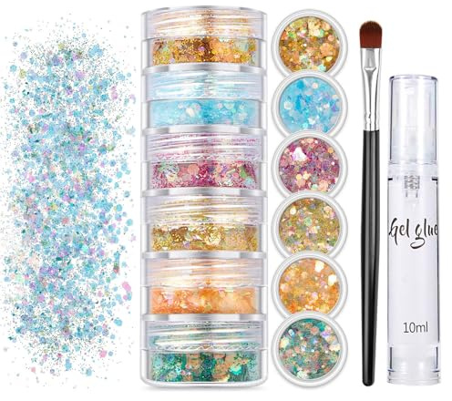 Chunky glitterhantverk, 6 färger paljett glitter ansikte, glitterpulver paljetter set, festival kropp glitter kropp glitter för ansikte naglar ögon hår, maskerad party glitter och tillbehör (#01)