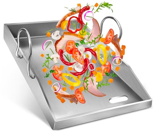 Plancha de acero inoxidable, 4 cm, 40 x 30 cm, parrilla para barbacoa de gas y barbacoa de carbón, plancha con mango extraíble, esquinas cerradas sin fugas para hamburguesas