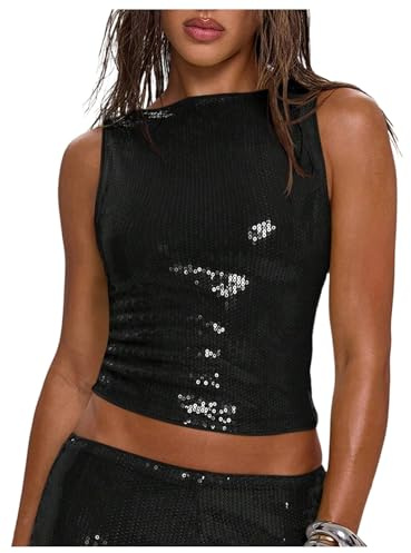 MakeMeChic Women's Sparkly Sequin Tops Y2k Going Out Rave Top Sleeveless Crop Tank Tops Black Small