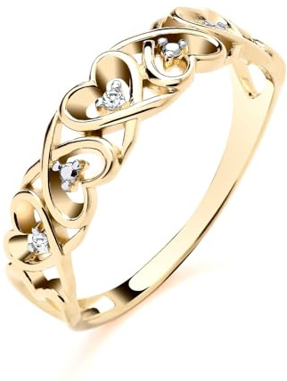 Old English Jewellers 9ct Yellow Gold on Sterling Silver 925 Natural Diamond Filigree Celtic Heart Design Band Ring - Available in sizes K to S - Ladies Women (L)