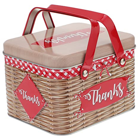 BAZEITFLOW Creative Tinplate Snack Box with Imitation Rattan Design Handheld Cookie and Candy Storage Jar Portable Red Biscuit Container Parties and Families