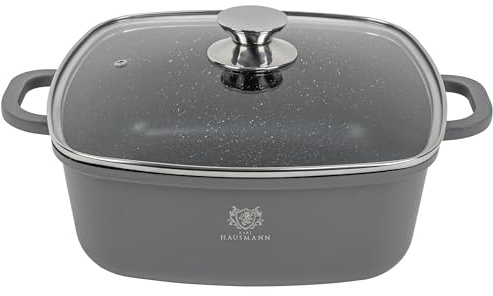 KARL HAUSMANN Pentola Quadrata 28 cm 6,5L con Coperchio - Casseruola Induzione Antiaderente COOKMARK MARBLE, Tegame in Alluminio Pressofuso per Carne, Brasati e Forno, Gas, Elettrico