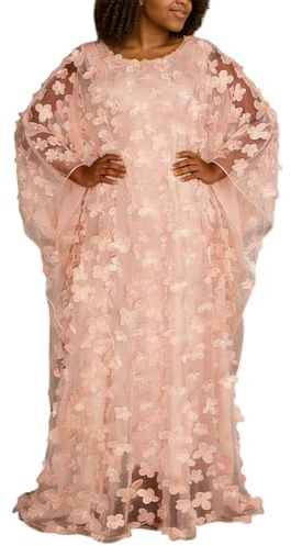 Duohropke Women's Dress with Floral Appliques, African Style, Boat Neck, Kaftan, Chiffon Dresses, Casual Plain Maxi Dress, Long A Line Tunic Dress, Chic Party Dress, Cocktail Dress, 01 Pink, One Size