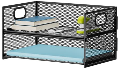 Marbrasse 2 Tier Mesh Desk File Organiser,Paper Letter Tray Organiser with Handle, Metal A4 Paper Tray,Magazine Document Desk Organizer Holder for Home Office School (Black)