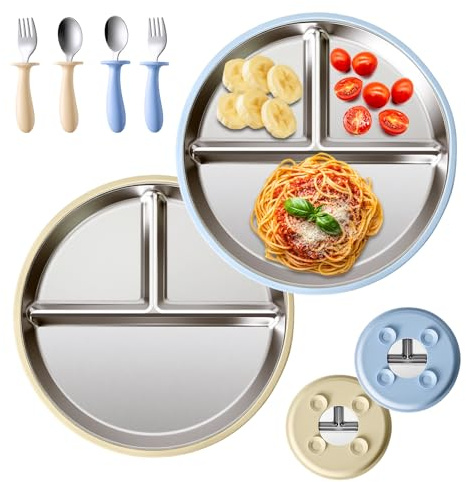 Sweetone 2 piatti per bambini con ventosa, senza BPA, in acciaio inox, antiscivolo, divisi con 2 forchette e 2 cucchiai, lavabili in lavastoviglie, ideali per mangiare autonomamente