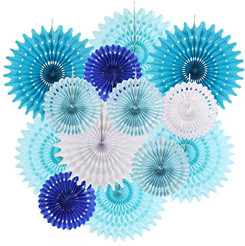 SUNBEAUTY Fourniture Decoration de Fête,Éventails en Papier Suspendus Ventilateur Deco Chambre Bleu Claire Marine Papier pour Mariage Anniversaire Bapteme Baby Shower