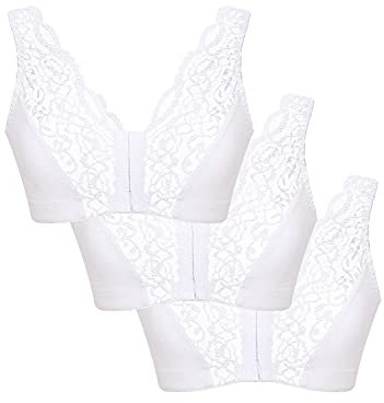 Eden House Ladies Pack of 3 Bra Cotton Lace Front Fastening Magic Bra White 14