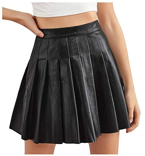 TIMEMEAN Femmes Jupe évasée Plissée en Cuir PU Solide Mini Jupes Patineuses Courtes Taille Haute A-Line M Noir