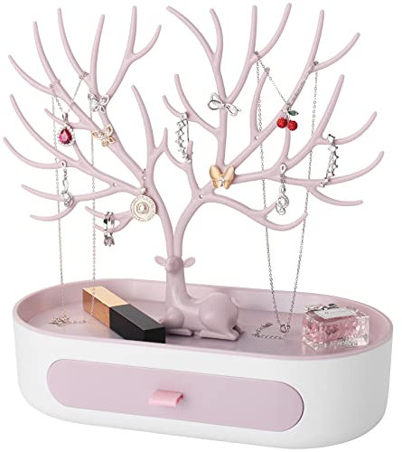 penobon Antler Jewellery Organiser Stand with Drawer, Plastic 3 in 1 Jewellery Holder for Earrings Necklaces Bracelets and Ring