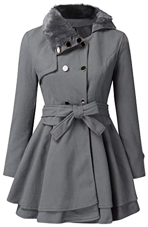 PLAZRU Double Breasted Faux Fur Collar Jacket Lapel Pea Coats for Women Winter Long Trench Coat with Belt Elegant Swing Coat