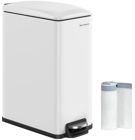 SONGMICS Mülleimer Küche, 48 Liter, schmal, Abfalleimer, Tretmülleimer für enge Räume, Küchenmülleimer mit Softclose-Deckel und Inneneimer, Stahl, 15 Müllbeutel inklusive, weiß LTB510W4802