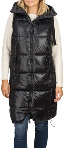 DENIMFY Steppweste Damen lang mit Kapuze Regular Fit DFCaro Weste Knielang Outdoor Reißverschluss Taschen Herbst Winter Schwarz L, Größe:L, Farbe:Black