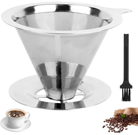 Kaffeefilter Edelstahl - Permanenter Pour Over Kaffeefilter aus Edelstahl,Papierloser Dauer Wiederverwendbarer Kaffeefilter zur Herstellung von Manuellem Kaffee, mit Reinigungsbürsten
