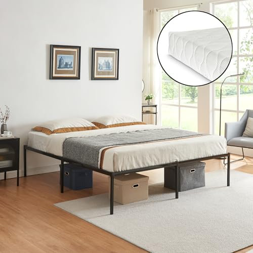 [en.casa] Lit Double en Métal Design Intemporel Capacité de Charge 300 kg Matelas à Mousse Froid Anti-Allergique Respirant Résistant Acier Laqué Polyester 160 x 200 cm Noir