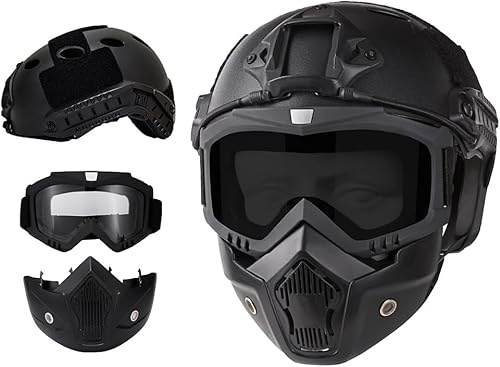 Airsoft Helmet and Full Face Mask, PJ Fast Helmet, Removable Anti-Fog Goggles, Suitable for Paintball, Role-Playing, CS Games