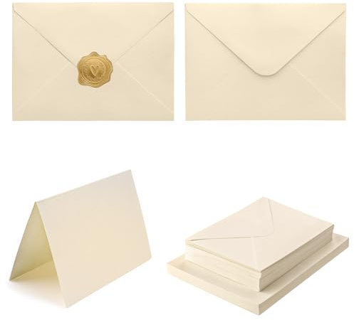 50 Pack 4x6 Cream Envelopes with Card Thick Folded Cardstock and Gold Stickers for Greeting Cards, Wedding, Birthday, Invitations, Baby Showers (Cream, 4x6, A6)
