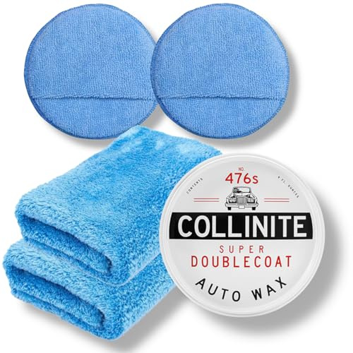 COLLINITE 476S Super Double Coat Auto Wax Veriegelungs Set | Lackschutz Autowachs | wasserabweisende Lackvesiegelung mit 2 Mikrofaser Poliertücher & 2 Mikrofaser Applikatoren