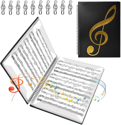 VGECEE Carpeta de Partituras Musicales 20 Hojas/40 Páginas Carpetade Anillas Partituras Negra Presentación A4 Carpeta Espiral Con Fundas de Plastico A4 para Notas de Piano/Guitarra/Violín + 10 Clips