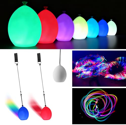 Tulov 2 stycken LED-Poi-bollar, sats, 7 färger och 9 lägen LED POI jongleringsbollar lysande med justerbara dubbla slingor, Glow Poi-kulor för ljusshow, dans, rave, för barn och vuxna (ballongstil