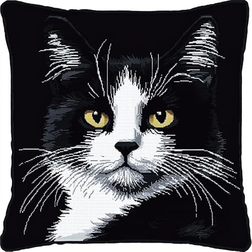 Taxpy Zum Selber Knüpfen Knüpfen Set Knüpfteppiche Schwarz-Weiße Katze 43X43Cm Knüpfkissen Set Für Anfänger Erwachsene Oder Kinder Zum Selber, Diy Knüpfteppich Knüpfpackung, Knüpfhaken