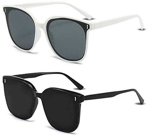 Techchii 2 Pack Cat Eye Sunglasses Womens & Men, Retro Fashion Large Party Glasses Polarised Sunglasses UV400 Protection Cateye Eyewear for Swimming Music Festivals Party (Black, White)