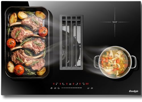 Cooksir Placa de inducción con extractor de recirculación, 77 cm, placa empotrada con 4 zonas 6400 W, Flex/Boost/Bloqueo infantil/control deslizante/temporizador/9 niveles de potencia