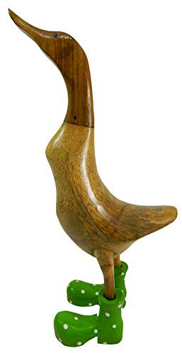 Thai Gifts Bamboo Duck with Green Wellington Boots, Approx. H40cm - Quirky Wooden Ornaments for Indoor & Outdoor Use - Cute Room Decor & Fun Animal Themed Gift Idea - Unique Garden & Home Sculpture