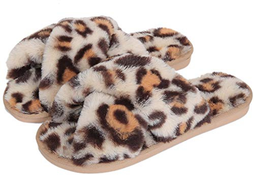 Fadezar Pantofole Peluche Donna Ciabatte da Casa Comode Invernali Moda Scarpe Sandali Slippers Bianco Leopard 39/40