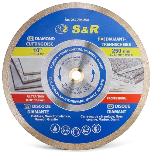 S&R Disco diamantato 250 x 25,4 x 10 mm (1,6 mm extra sottile), disco da taglio per Gres fine, Piastrelle, Porcellana, Ceramica, Granito, Marmo, per sega da banco e tagliapiastrelle