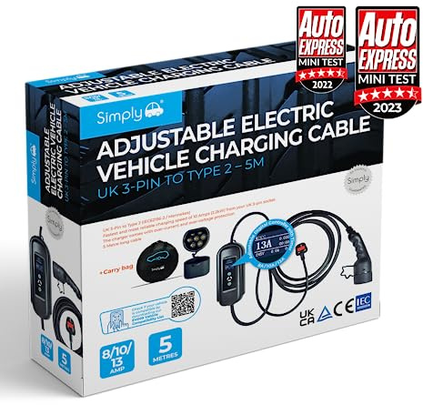 Simply EV009 Premium Adjustable Amperage Electric Vehicle Fast-Charging 3.1kW 8/10/13amp Cable - UK 3Pin to Type 2-5M - Durable and Flexible with Digital Controller and Carry Bag