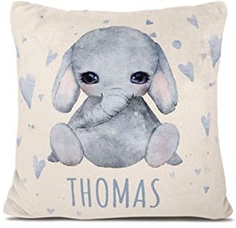 Personalisedog Cuscino in pile personalizzato per neonato, con piccolo elefante, nome e colore del motivo per bambina | nominativo regalo di nascita o battesimo (elefante cuori)