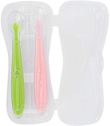 2st Babyskedar, Bärbara Mjuka Spetsskedar för Spädbarns Silikonskedar med Boxträningsmatning för Småbarn(Grön + rosa) Kompletterande utfodringsverktyg
