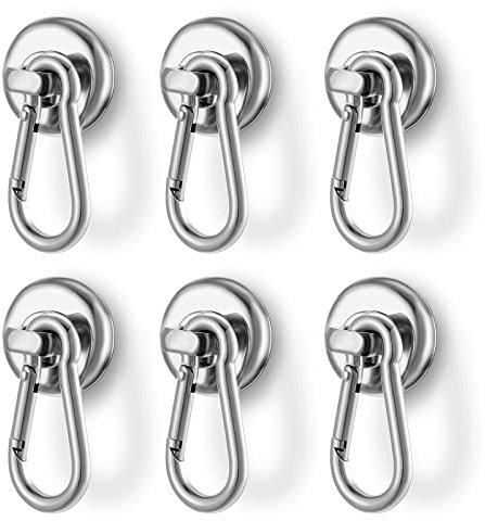 Crochets Magnétiques,6 Pièces Aimant en Néodyme Super Résistant de 22.4KG(50LBS) avec Crochet à Mousqueton Amovible, Crochets Magnétiques Robustes pour le Bureau de Bourses de Cuisine Grill