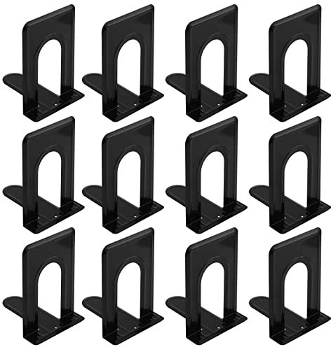 SEUNMUK 12 Pack Metal Bookends, 6 Pairs L Book Ends with T Shape Base and Non-Slip Pads Bookend Shelf for Book and Magazine, Black