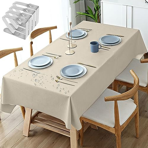 Tischdecke Fleckschutz Abwaschbar Tischwäsche - Wasserdicht Tischtuch PVC Plastik-Tischdecken mit Tischdeckenklammern für Esszimmer, Garten, Party, Hochzeiten oder Haushalt, Beige (Größe:140x200cm)