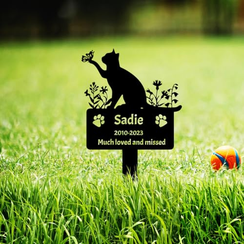 Goodqueen Custom Cat Memorial Grave Marker Burial Stake, Personalized Butterfly Flowers Cat Memorial Garden Stake, Metal Paws Cat Grave Stake Plaque for Outdoors Customized Pet Headstone