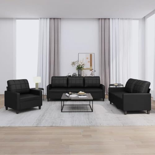Gecheer Set di Divani 3 pz con Cuscini Nero in Similpelle,Set Divani a 2 e a 3 Posti,Divani da Soggiorno,Divano Imbottito,Divano per Soggiorno/Ufficio Moderno Sofà Divanetto