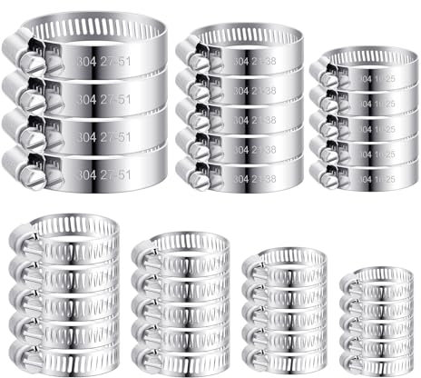 36 Pièces Colliers de Serrage de Kit, Colliers de Serrage en Acier Inoxydable 304, 6-51mm Collier de Serrage Réglables pour Tuyau de Gaz Domestique, Tuyau D'eau, Machine à Laver, Jardin 7 Tailles