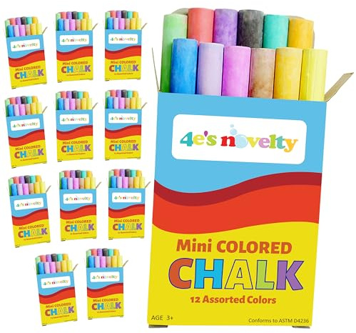 4E's Novelty 144 Mini Chalk Sets (12 Boxes) 12 Colors Thin Sticks Blackboard or Non-Toxic Sidewalk Chalk Party Favors Bulk Individual Packs, Easter Basket Stuffers End of Year Student Gifts Toys
