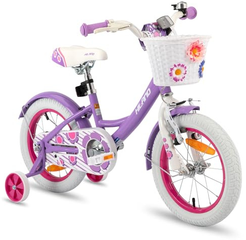 HILAND Petal 14/16 Inch Girls Kids Bike with Stabilisers, Children's Bicycle for 3-7 Years Old Girls with Basket & Bell, 16 inch Violet