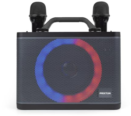 PRIXTON Karaoké Portable PartyGO avec 2 Microphones, Haut-Parleur idéal pour Les fêtes, Lumière LED RGB, Bluetooth/USB/AUX/MicroSD, Autonomie 4h, Cadeaux d'anniversaire pour Adultes et Enfants