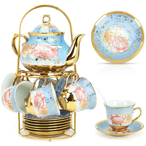 20 Pcs Porcelain Tea Set with Metal Holder, Adult Tea Set Gift, European Ceramic Tea Set for Adults, Flower Tea Cup Saucer Set for Party with Gold Flower Painting (Blue)