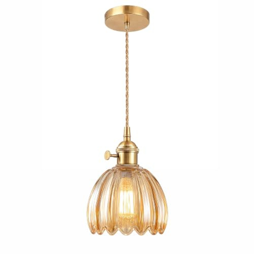 Lfsem, vintage, pendellampa, matbord, hänglampa, mässing hängande lampa av glas i bärnsten med strömbrytare, hängande lampa för matsal, sovrum, vardagsrum