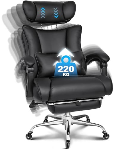 BASETBL Bürostuhl 200kg, Chefsessel mit 4-stufiger Gasdruckfeder, 3D Armlehnen, Verstellbarer Lendenstütze & Kopfstütze, Leises Gummirollen, XXL breiter Sitz, EN12520, ergonomischer Schreibtischstuhl