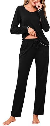 Litherday Pijama Mujer Invierno Algodón 2 Piezas Conjunto Ropa de Dormir Suave con Cuello en V Pantalón Largo y Bolsillos Pijama Cómodo para Casa Relax Negro S
