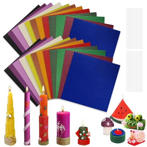 YushengTai 24 Feuilles de Cire d'abeille, Kit Fabrication Bougie, Plaques de Cire d'abeille pour Bougies (20 x 20cm), Kit de Fabrication de Bougies, pour Adultes et Enfants Pour Noël