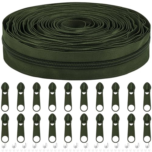 Cremallera interminable con cremallera, 3 mm, 5 mm, 9 m, nailon sin fin, por metros y cremallera de metal para ropa, bolso, estuche, ropa de cama, color crema (verde militar, #5)