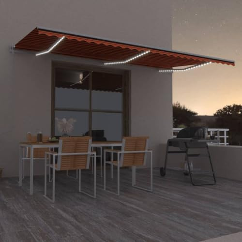 QJBSAVVA Store à bras articulé, 600 x 300 cm, orange marron, avec capteur LED et capteur de vent, aluminium revêtu par pulvérisation, télécommande, tissu résistant aux UV, manivelle, protection