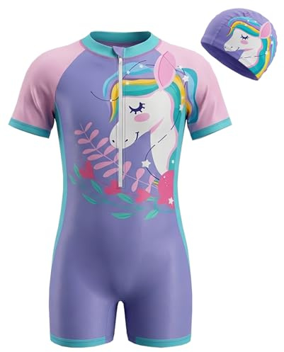 Moneric Girls One-Piece Swimsuit Pink Purple Ruffled Kids Swimwear UV Protection Quick Dry Bathing Suit for 3-13 Years Toddler Girls Beach Pool